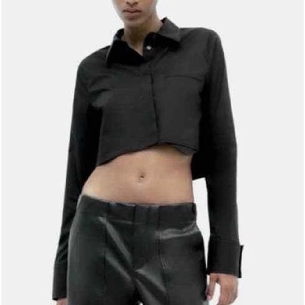 Zara Black Cropped Poplin Button Down Shirt Long Sleeve Pocket Medium